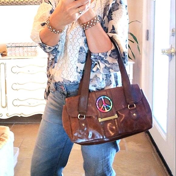 Peace Patent Leather Purse Brown Shoulder Bag Handbag Festival Boho Fairy Gypsy - Picture 4 of 10